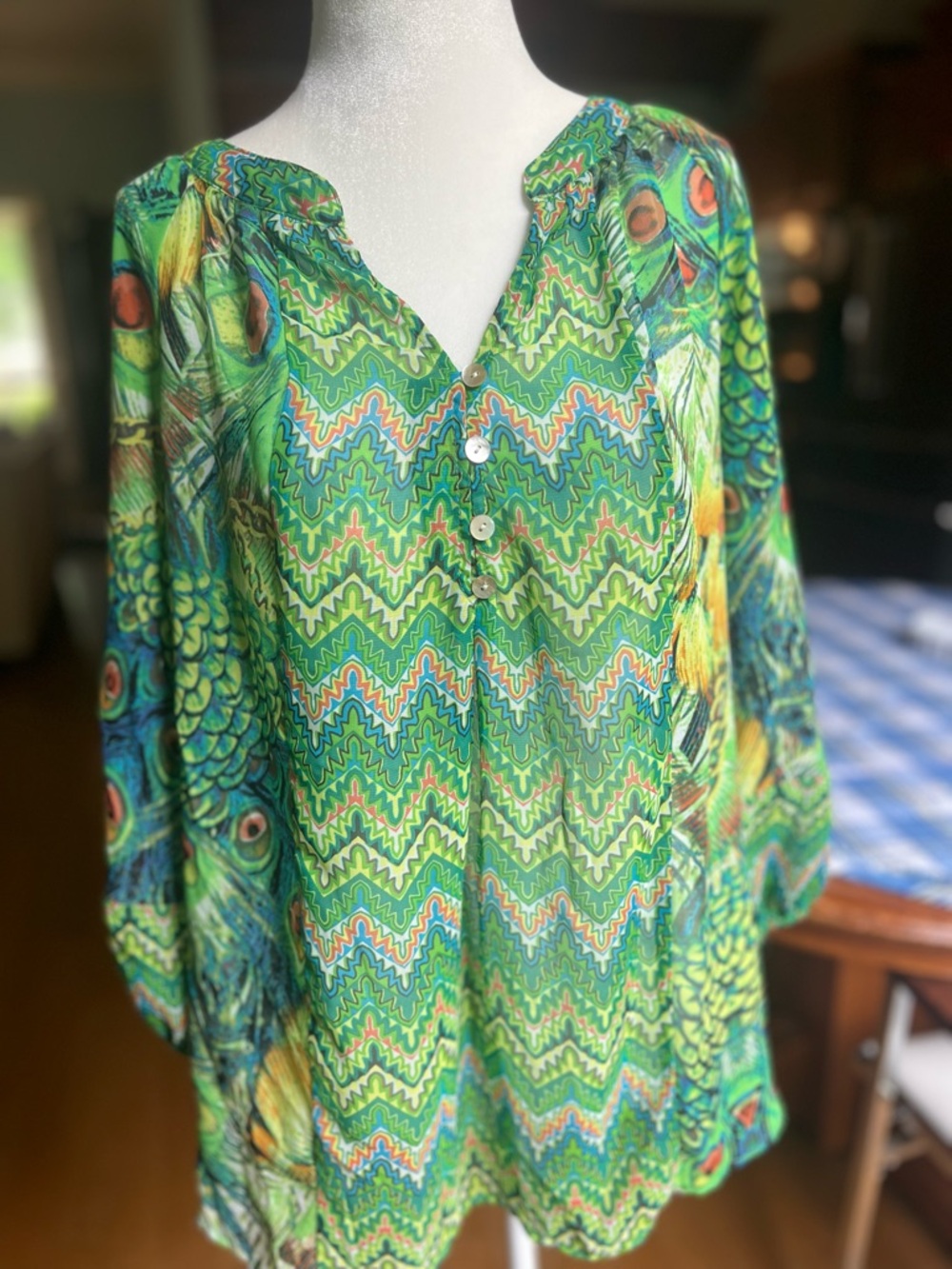 Sheer Peacock Print Blouse Green Abstract Boho Tunic Flowy Top Size L Coquette